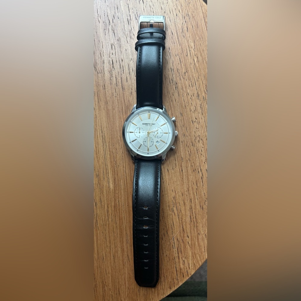 Kenneth Cole Silver Chronograph Watch with Black Leather Strap